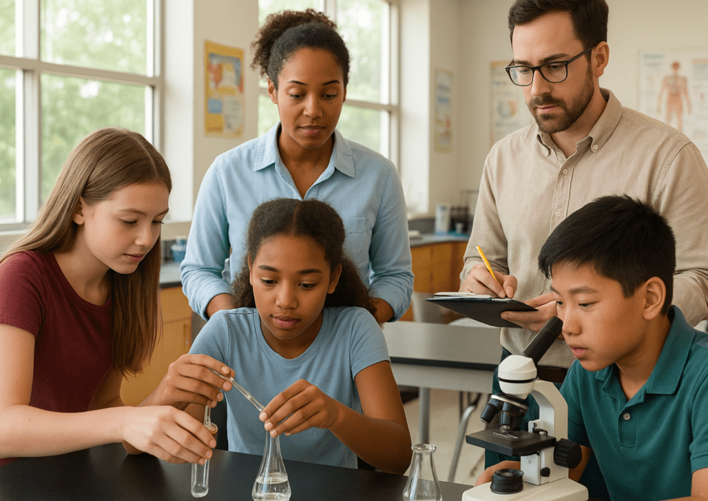 Science teacher and instructional coach observing students during an inquiry-based science lesson.